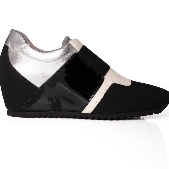 LA Chic Multi Leather slip on Wedge Sneaker Black/Silver for wholesale by Passione Di Gina