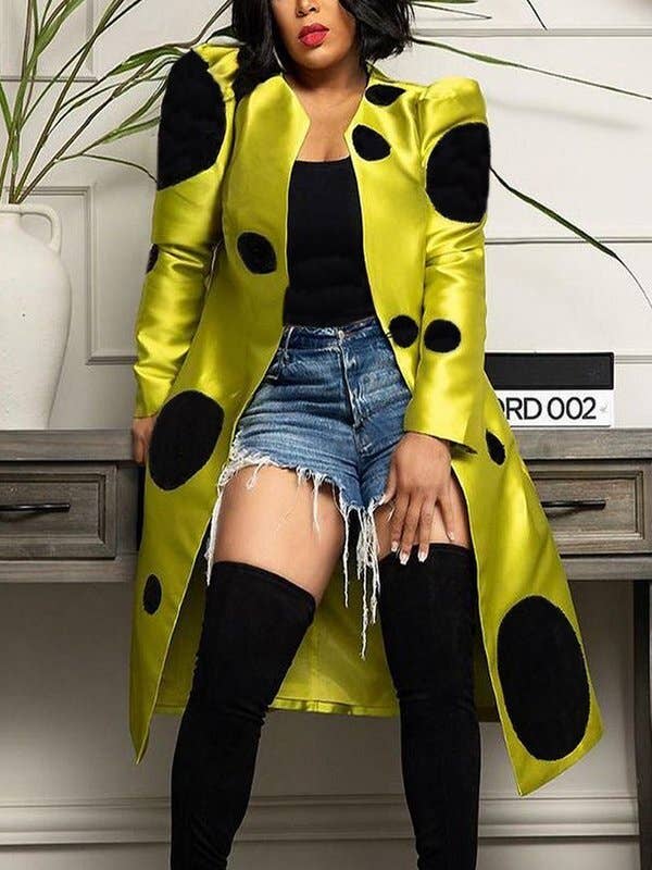 YELLOW Long Sleeves Loose Pleated Polka-Dot Split-Joint Round-Neck Outerwear for wholesale on Faire