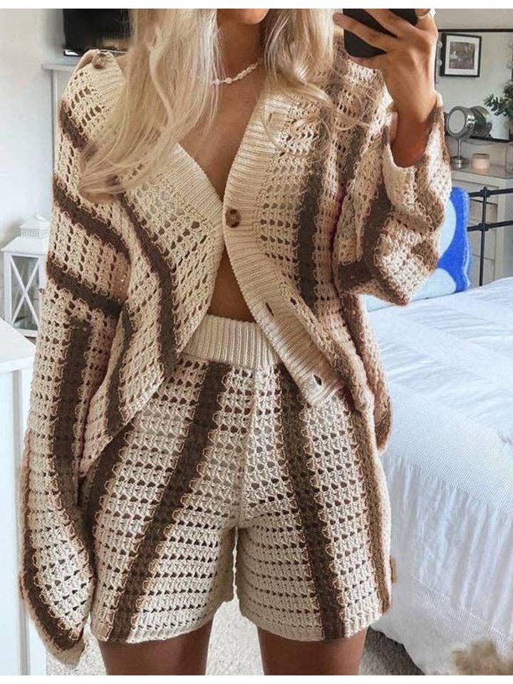 Sweetkama - Wholesale Top & Short Set (NOT Loungewear) - Women's - Ladies Hollow Out Stripe Top & Short 2PCS Knit Set SKST039