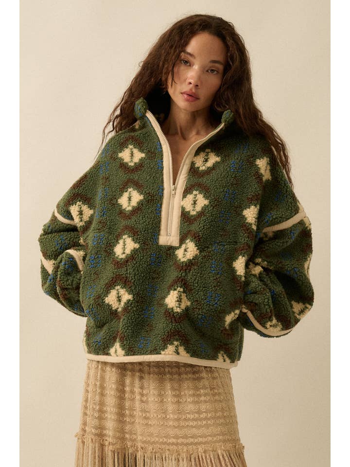 Promesa USA - Wholesale Jacket - Women's - Geo-Print Sherpa Fleece Half-Zip Pullover Jacket0