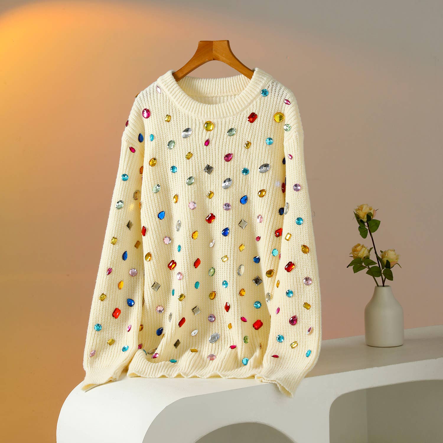 PEACH ACCESSORIES - Wholesale Knit Sweater - Women's - Knit Jumper with Multicolored Gem Stones SK162