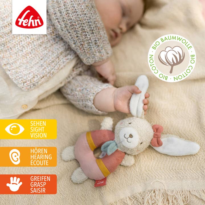 Fehn - Venta al por mayor Peluche - Niños y bebés - Fehnnatur para sujetar anillos con forma de conejo, juguete para habilidades motoras con sonajero