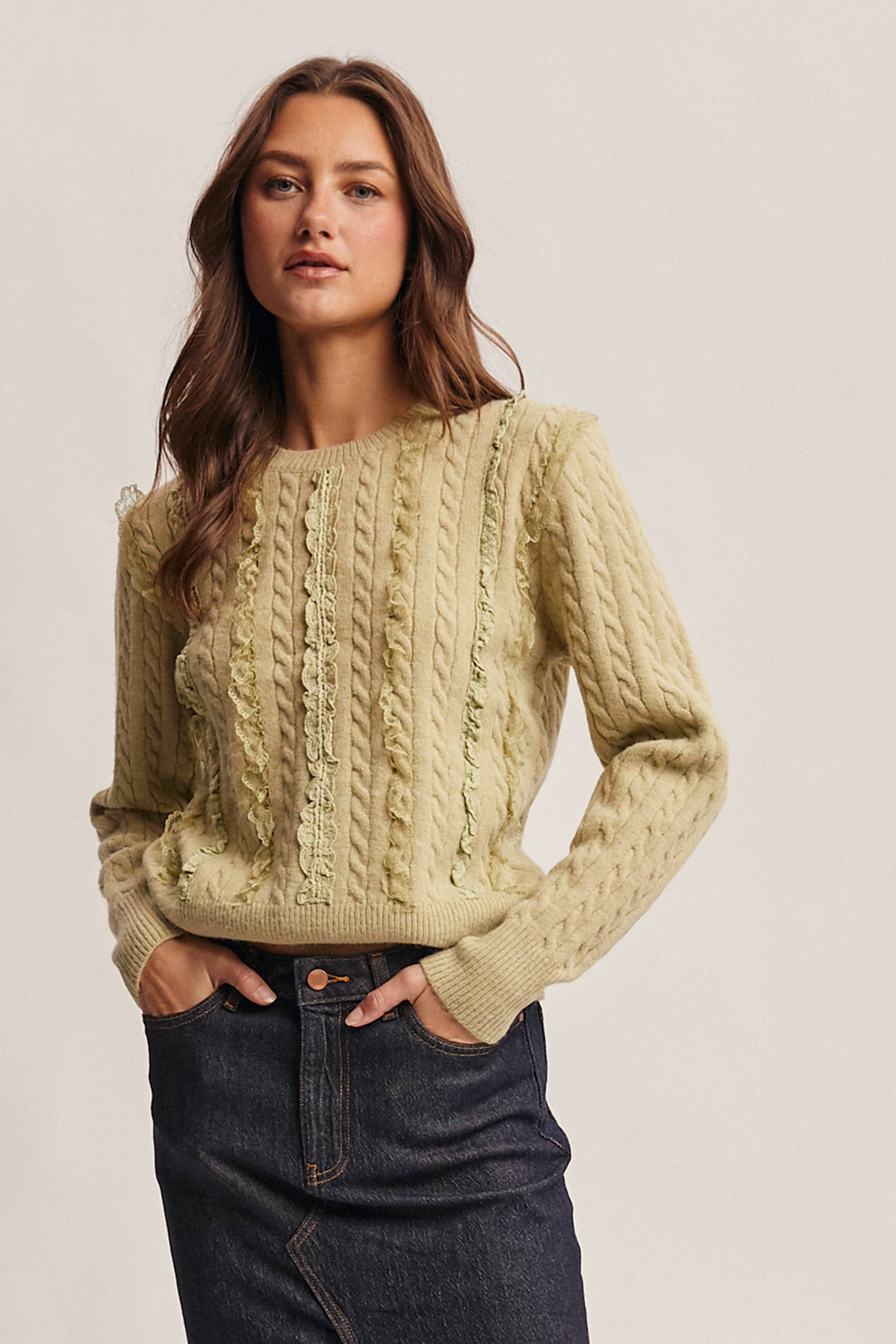 Forte - Wholesale Knit Sweater - Women's - Lace Trim Cable Knit Pullover FSW00101