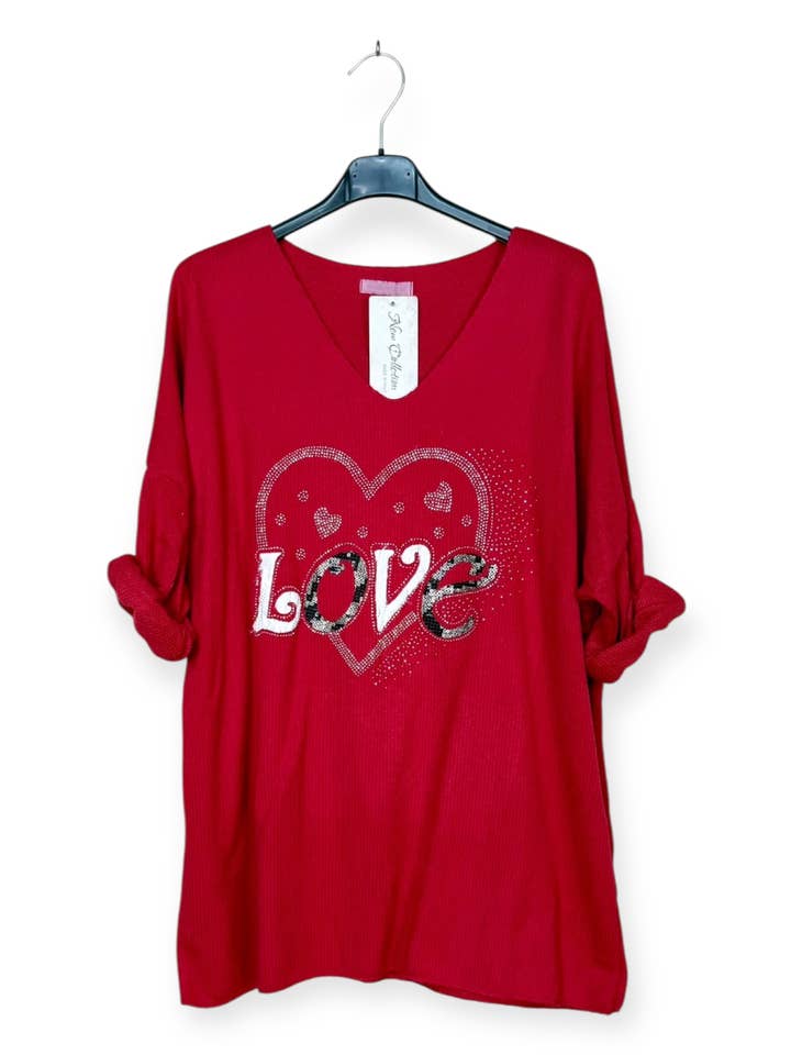 AH 2105 Love - V-Neck Sweater with Heart and Love Pattern in Rhinestones for wholesale by Lucky Nana