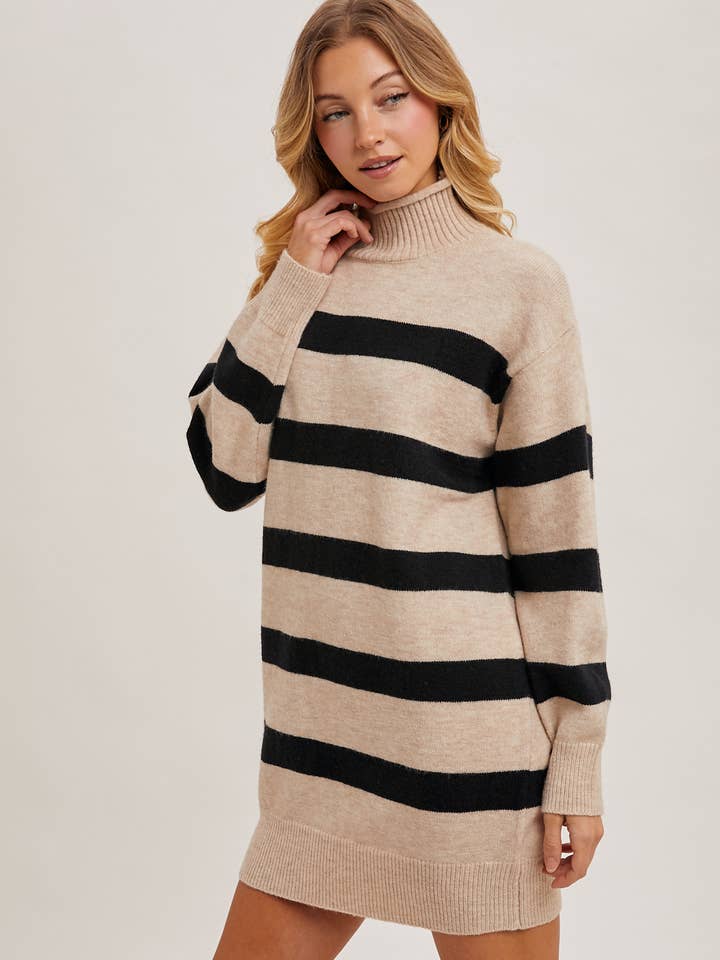 Bluivy - Venta al por mayor Vestido - Mujer - VESTIDO TIPO JERSEY DE PUNTO A RAYAS CON CUELLO ALTO
