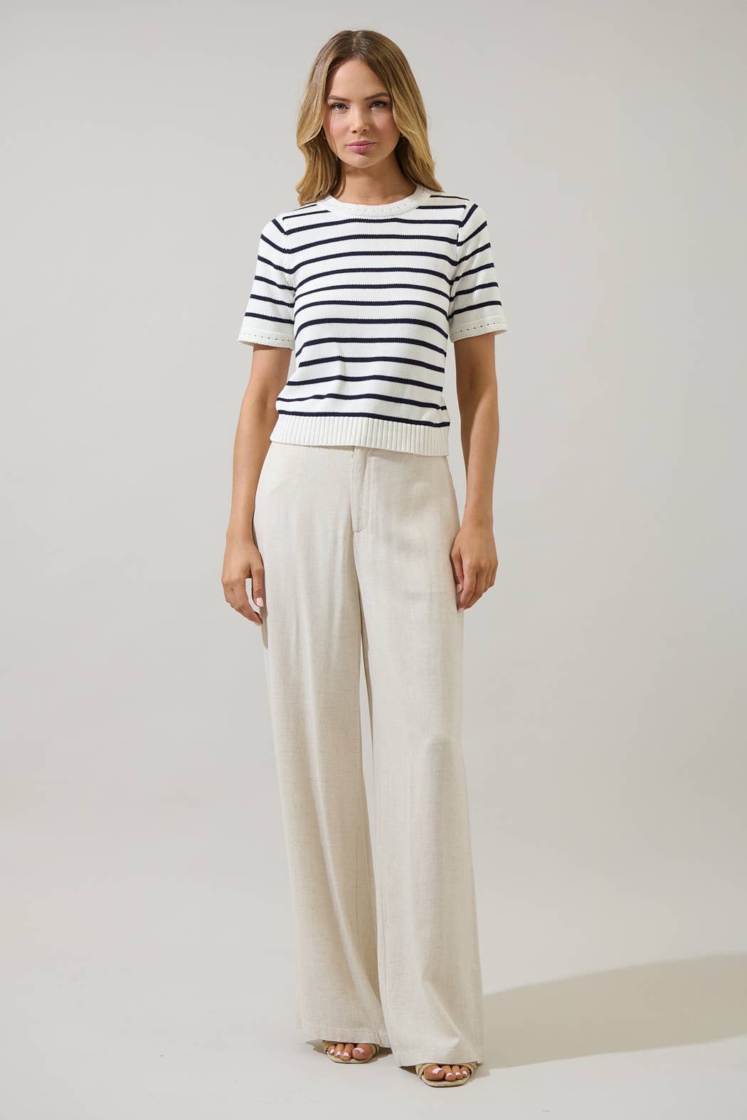 White Navy Tessie Stripe Short Sleeve Sweater Top for wholesale on Faire3