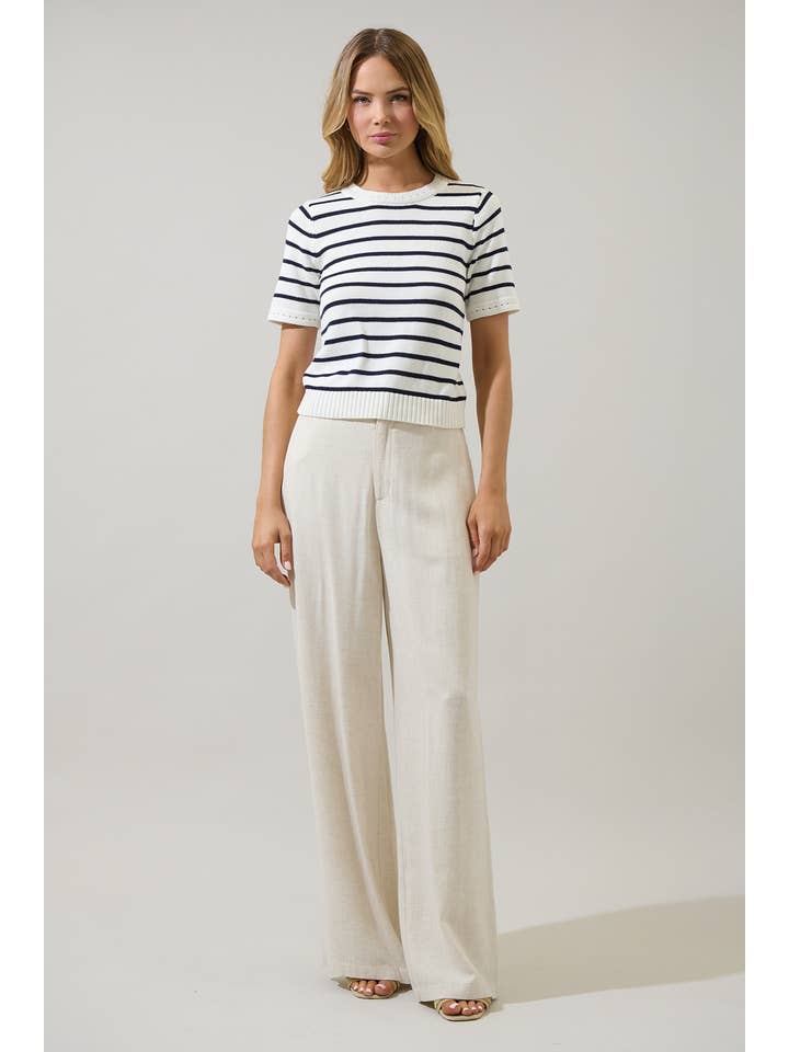 White Navy Tessie Stripe Short Sleeve Sweater Top for wholesale on Faire3