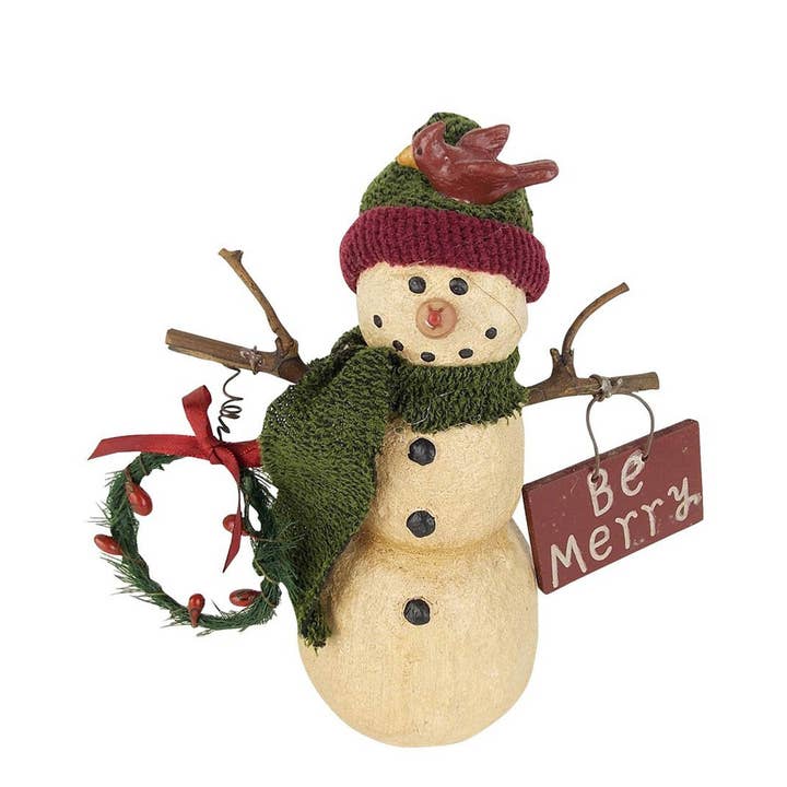 Halbkörper-Schneemänner aus Pappmaché mit Stoffmütze und Schal, Zweigarme mit Kranz und Schild „Sei fröhlich“, stehend - 8" groß für den Großhandel von Birch Maison