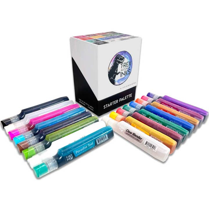 Starter Palette 16 Bottle Alcohol Ink Set With Clear Blender & Shimmer Blender for wholesale by T-Rex Inks