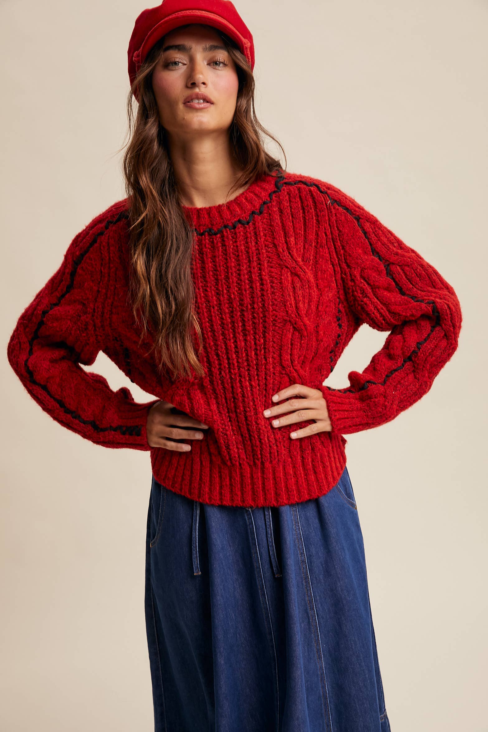 Listicle - Wholesale Knit Sweater - Women's - Contrast Stitch Cable Knit Sweater LSW1013 22