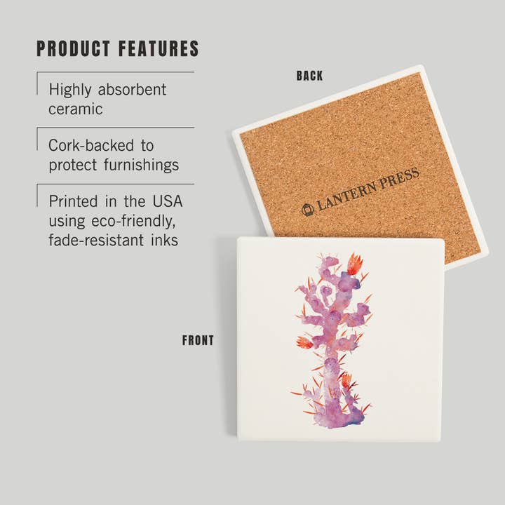 Lantern Press - Wholesale Coasters - Ceramic Coaster Coastal Cholla, Watercolor Succulents 948862