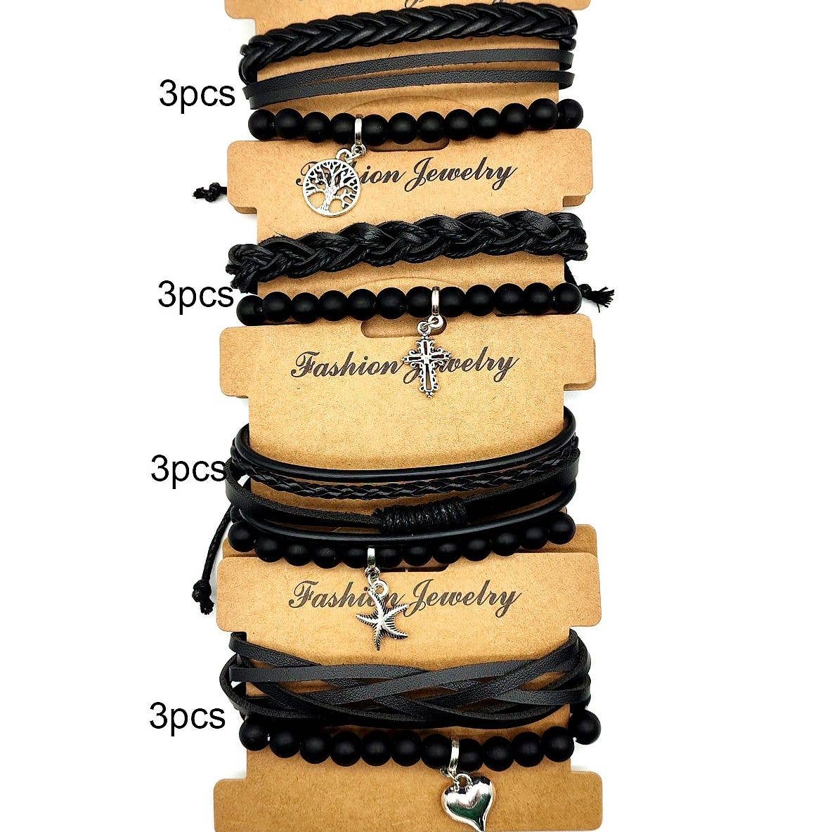 Diacly - Wholesale Woven/Braided Bracelet - 12pk Black Faux Leather Assorted Thread Bracelet1