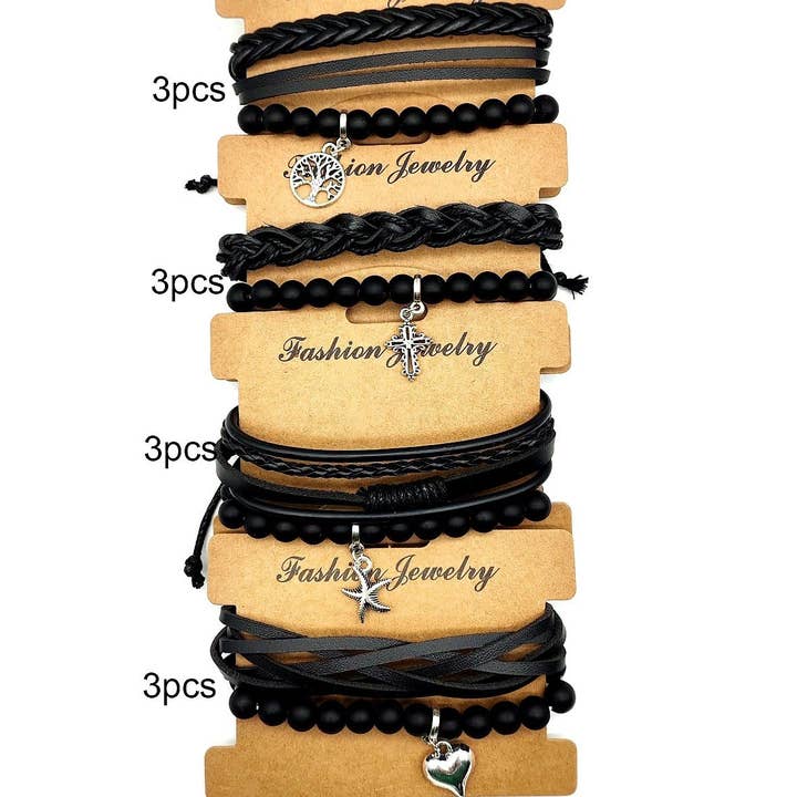 Diacly - Wholesale Woven/Braided Bracelet - 12pk Black Faux Leather Assorted Thread Bracelet1
