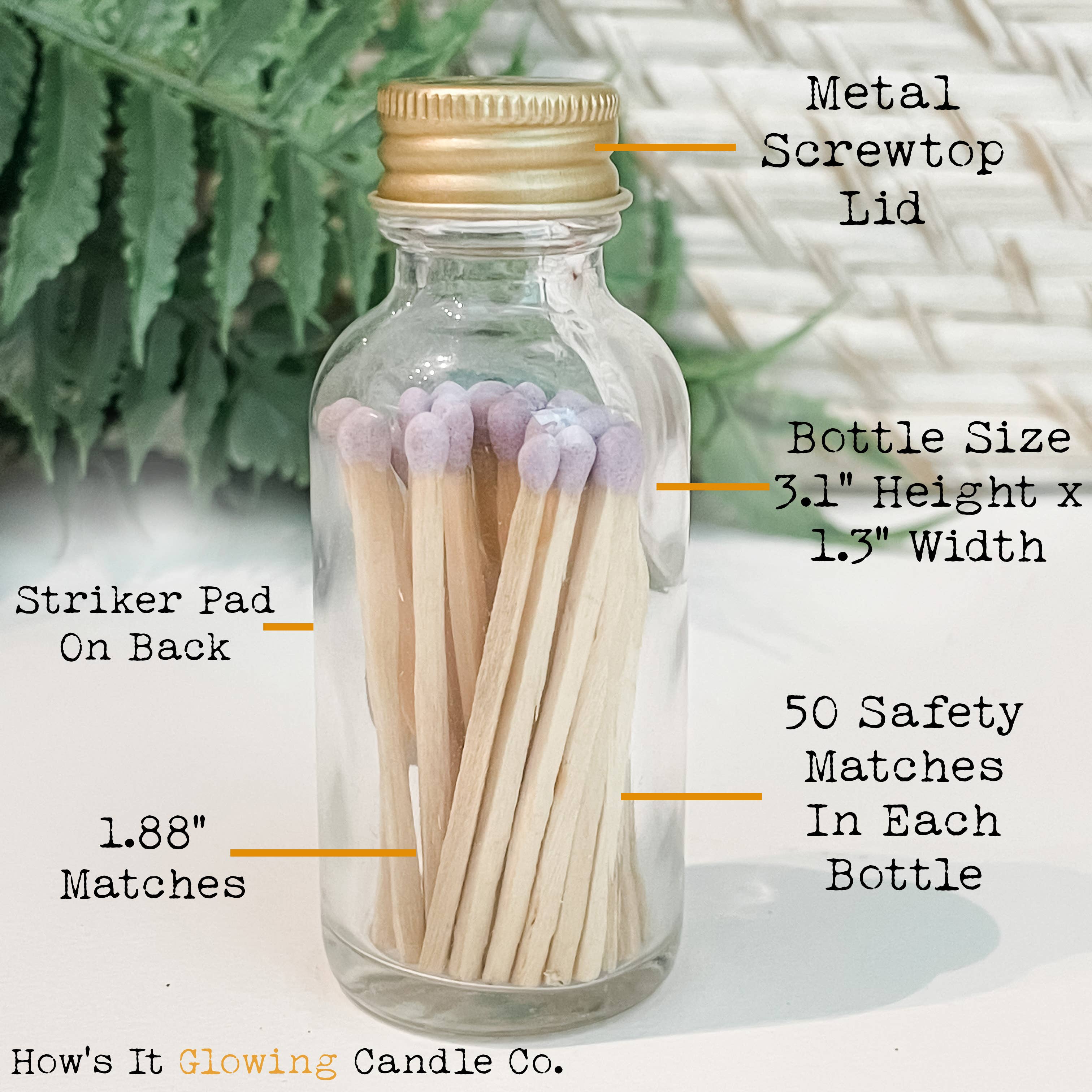 How's It Glowing Candle Co. - Vente Allumettes - Bouteille d'allumettes en verre avec bouchon doré | 50 allumettes de 1,9 po | Sans étiquettes1