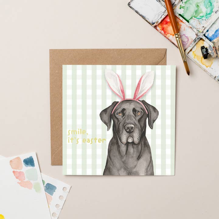 Carte de Pâques Labrador avec feuille d'or pour la vente par lil wabbit