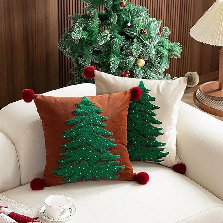 Fennco Styles - Wholesale Throw/Decorative Pillow - Embroidered Christmas Tree Pom Pom 18" Throw Pillow5