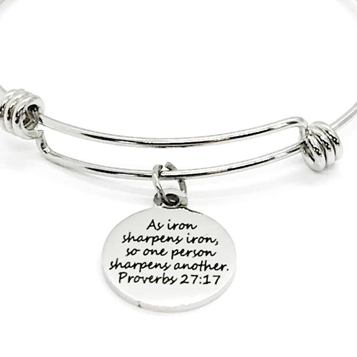As Iron Sharpens Iron Stainless Steel Expandable Bracelet With Engraved Proverbs 27 17 Charm for wholesale by JKCE Designs
