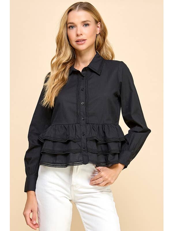 TCEC - Wholesale Button Down Shirt - Women's - CT9128-Button Up Long Sleeve Peplum Waist Top