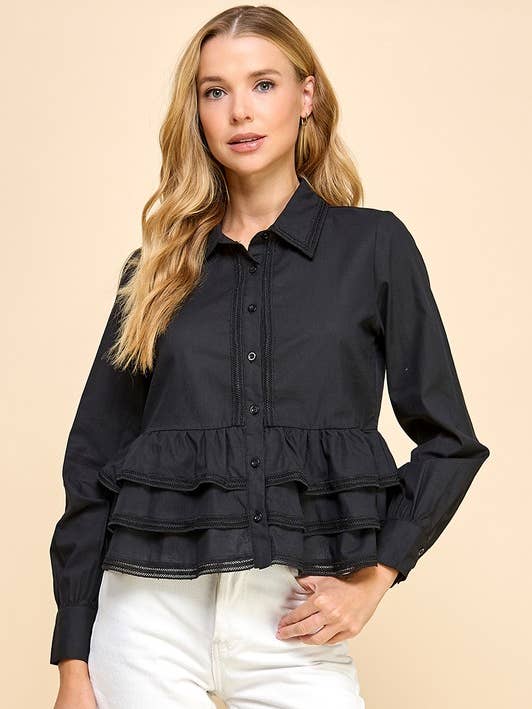 CT9128-Button Up Long Sleeve Peplum Waist Top for wholesale by TCEC