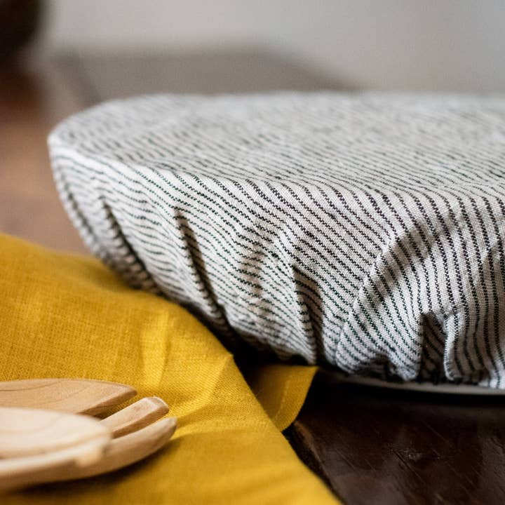 Helen Round - hand printed linen and bamboo wellness - Wholesale Food storage wrap/bag - Linen Bowl Cover, Extra Large, Striped Linen, Reusable Cover3