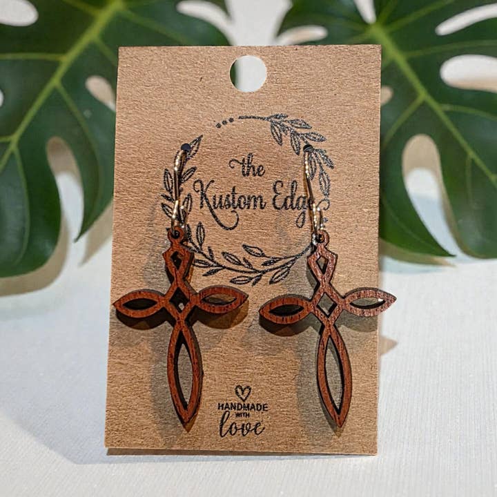 Wooden Cross Dangle Earrings with Stainless Steel Hooks for wholesale by The Kustom Edge