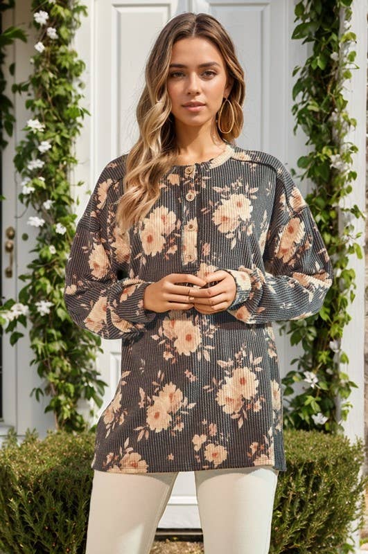 CHARCOAL ET7775-11LONG SLEEVE FLORAL BUTTON UP TOP for wholesale on Faire3