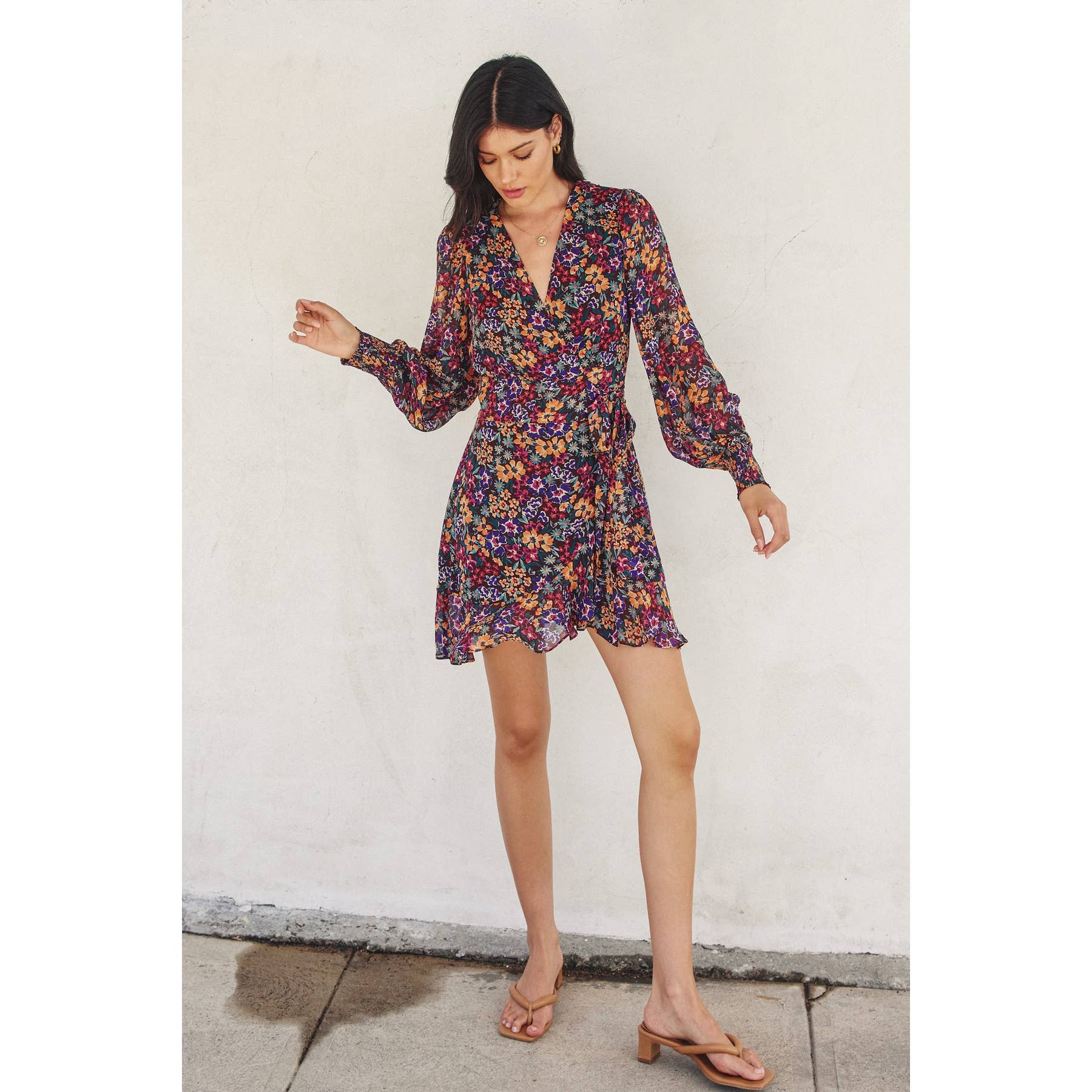 MIDNIGHT FLORAL Tiger Swallowtail Bishop Sleeve Mini Wrap Dress for wholesale on Faire3