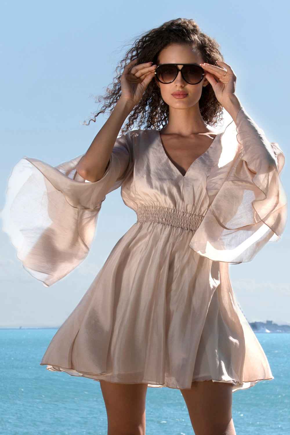 Fashion Roots - Wholesale Dress - Women's - SHORT LYOCELL DRESS WITH WIDE SLEEVES IN BEIGE - ESSENTIALS8