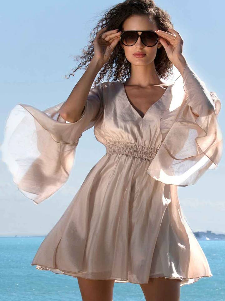 Fashion Roots - Wholesale Dress - Women's - SHORT LYOCELL DRESS WITH WIDE SLEEVES IN BEIGE - ESSENTIALS8