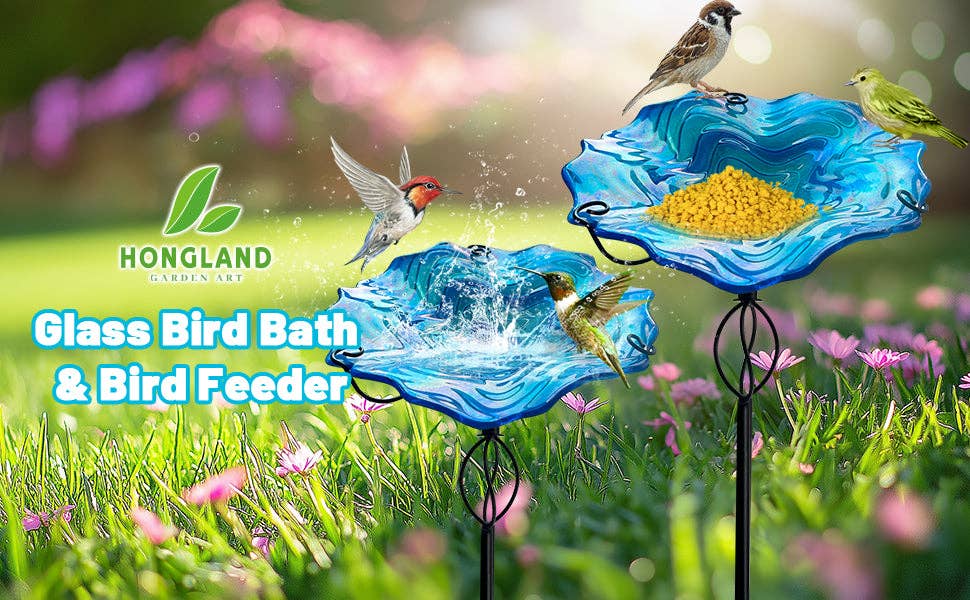 Liffy - Wholesale Bird Bath - Blue Ripple Glass Bird Bath Feeder with Metal Stake5