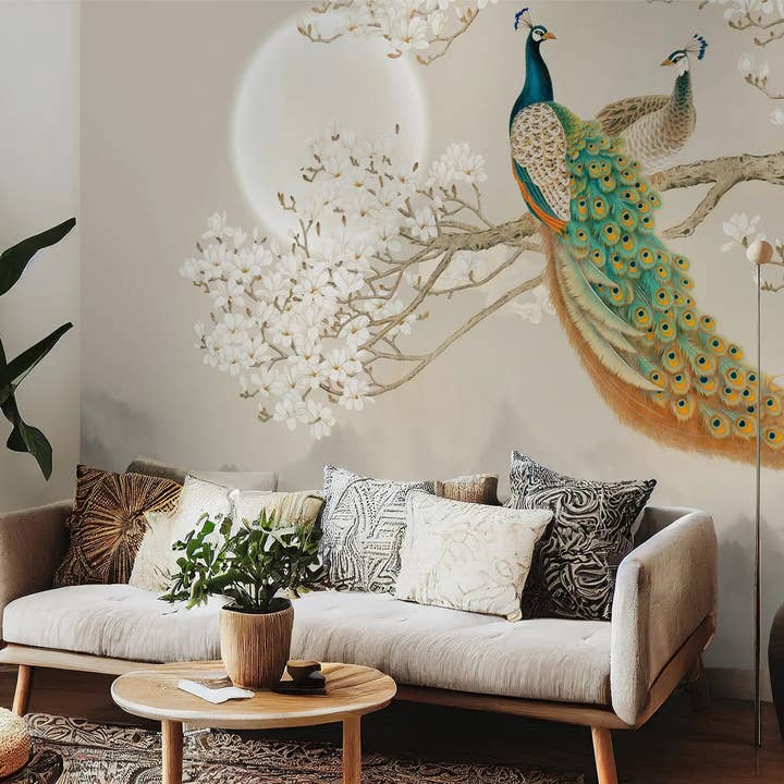 Carta da parati Chinoiserie con pavone, murale elegante di natura per la vendita all'ingrosso da parte di SimurgWallArts