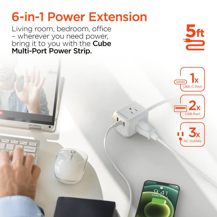 JupiterGear Home - Venta al por mayor Adaptador de corriente - Cable alargador con regleta multi-puerto HyperGear Cube