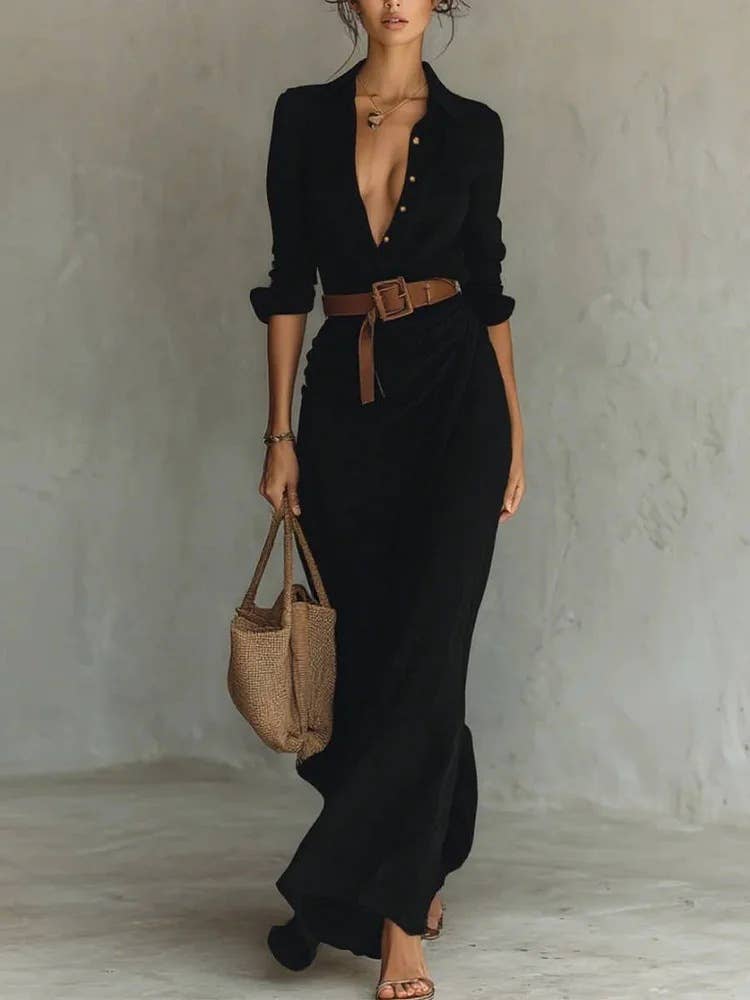 ElevateWell - Wholesale Dress - Women's - New Autumn Woman Deep V Neck Hollow Long Dress Elegant Solid3