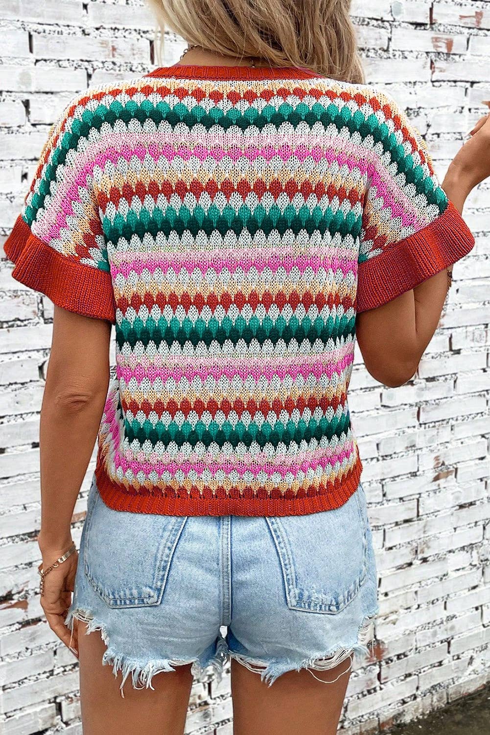 PartyEight - Wholesale Knit Sweater - Women's - Trimmed Ruffle Sleeve Colorful Textured Sweater1