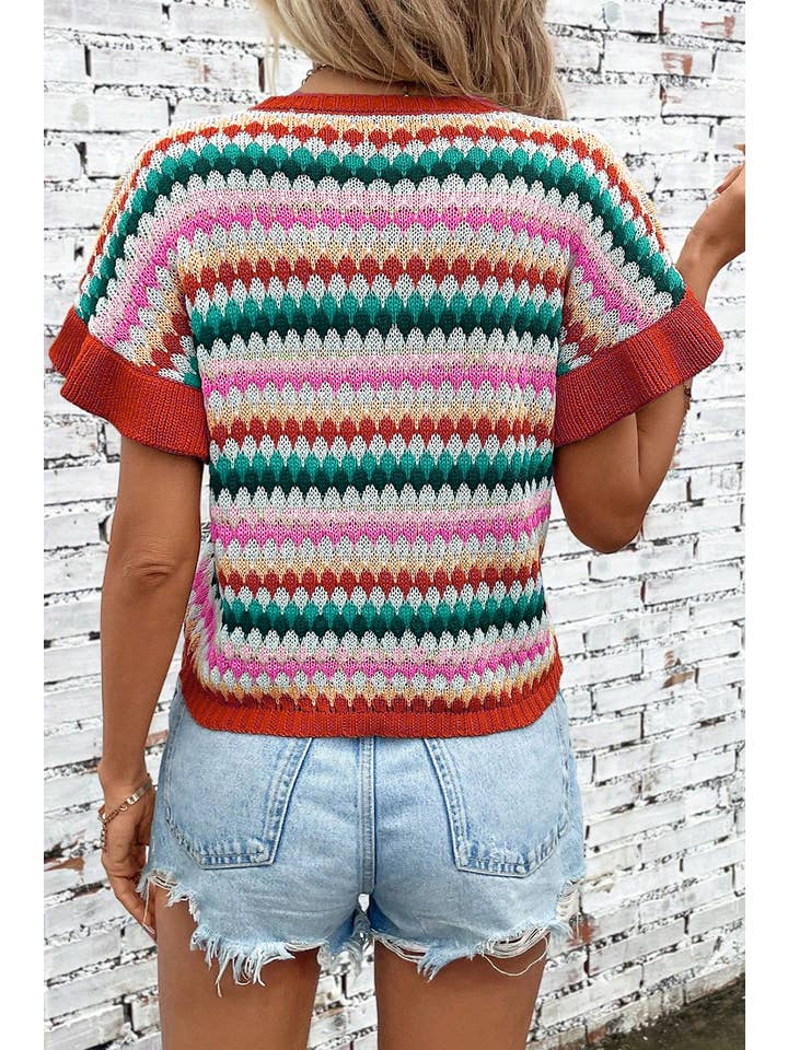 PartyEight - Wholesale Knit Sweater - Women's - Trimmed Ruffle Sleeve Colorful Textured Sweater1