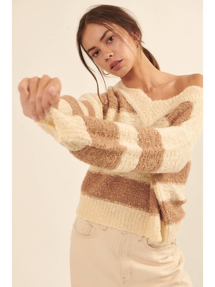 Promesa USA - Wholesale Knit Sweater - Women's - Textured Striped Knit Scalloped Sweater