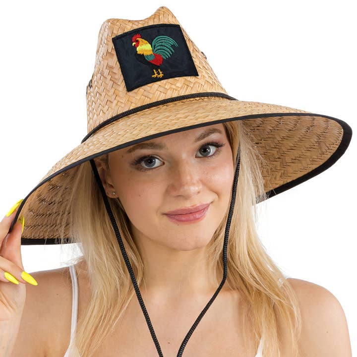 Black Rooster El Gallo Patch Eyelet Straw Lifeguard Hat for wholesale on Faire