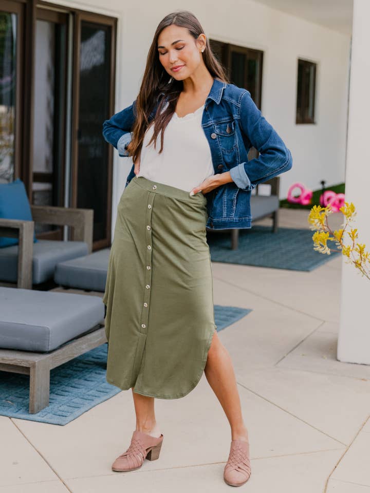 Tickled Teal - Wholesale Skirt - Women's - Scoop Hem Button Lyla Skirt2