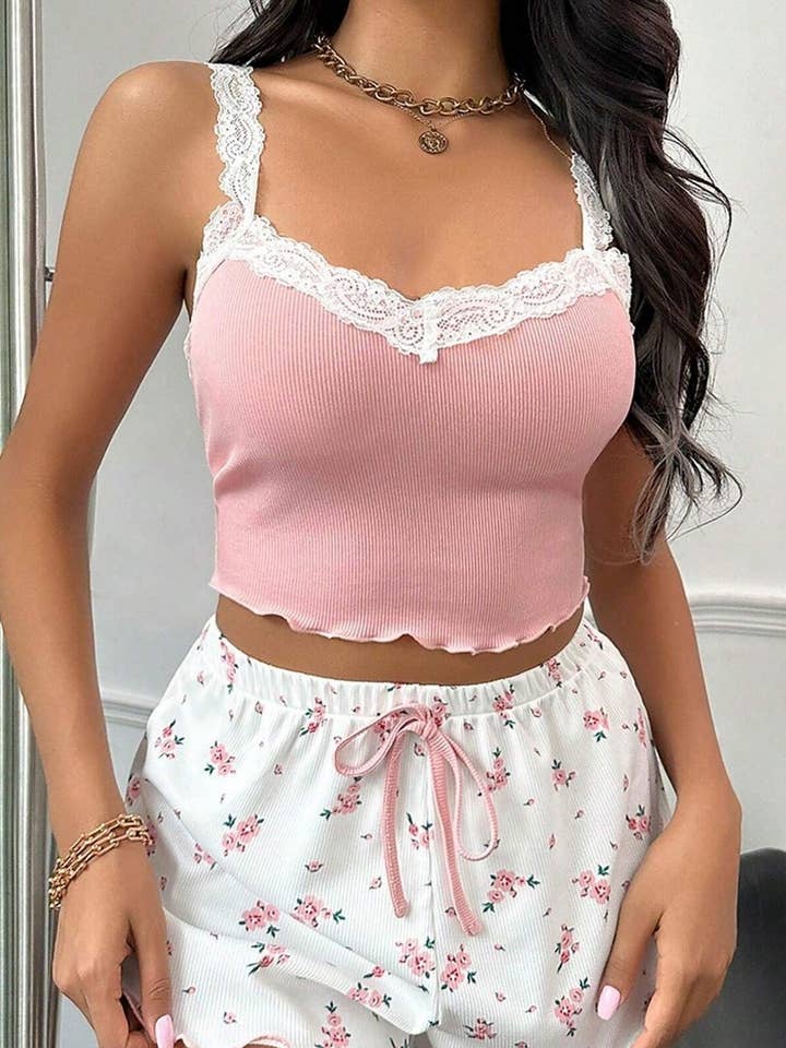 CWSPJ00477_FLORAL LACE CAMI AND SHORTS LOUNGEWEAR SET for wholesale by NINEXIS