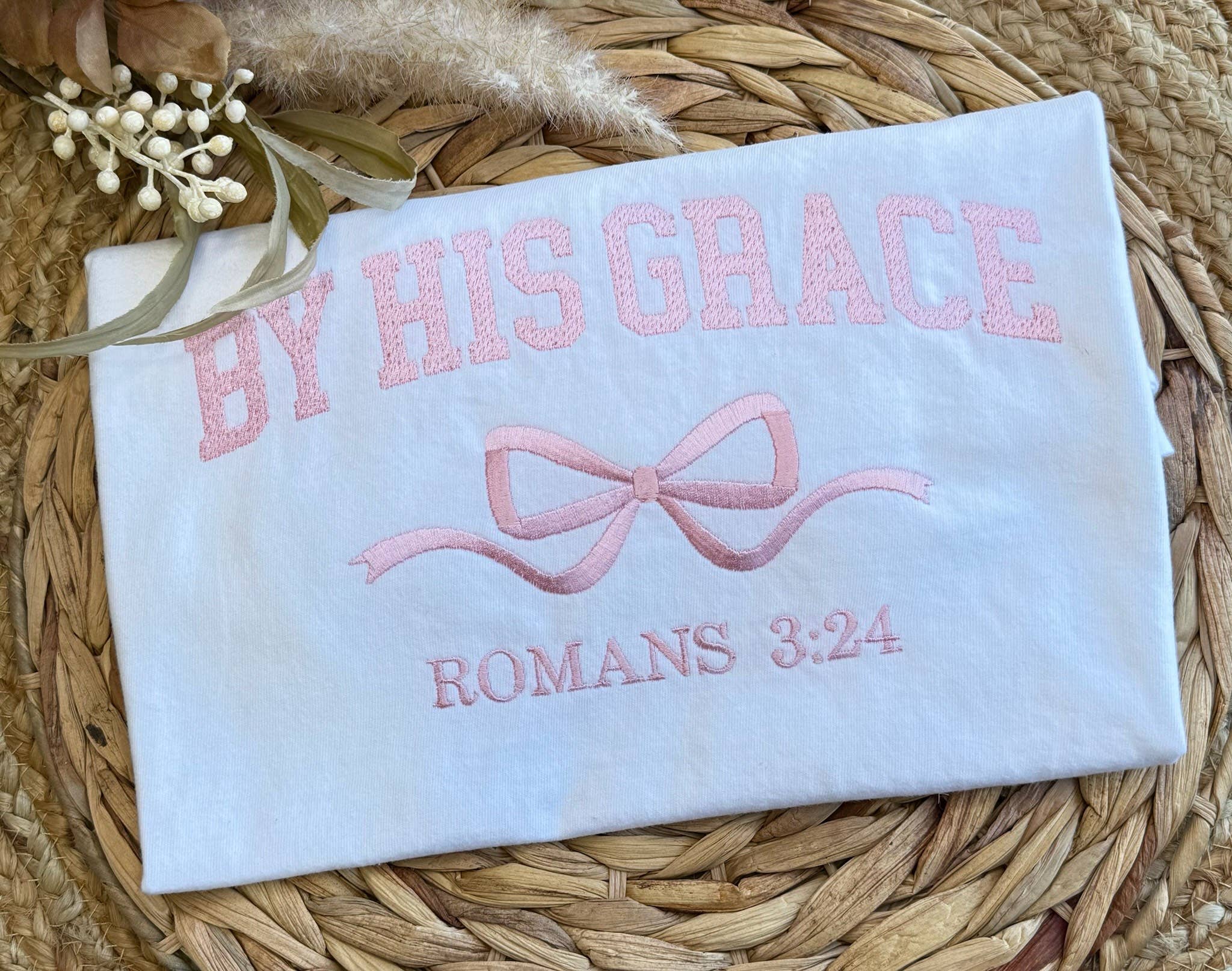 Lakely Claire Wholesale - Wholesale T-Shirt - Women's - By His Grace Coquette Bow Embroidered Comfort Color Tee