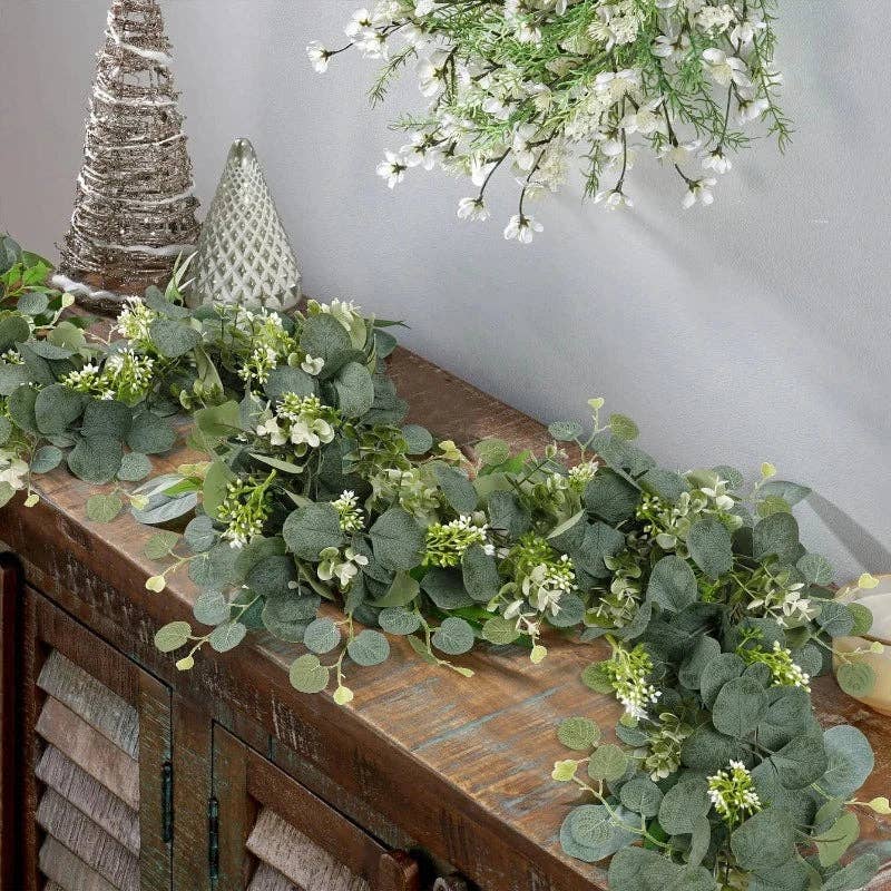 Kiyo Home - Vente Fleurs artificielles - Ensemble de 2 guirlandes artificielles d’eucalyptus vert17