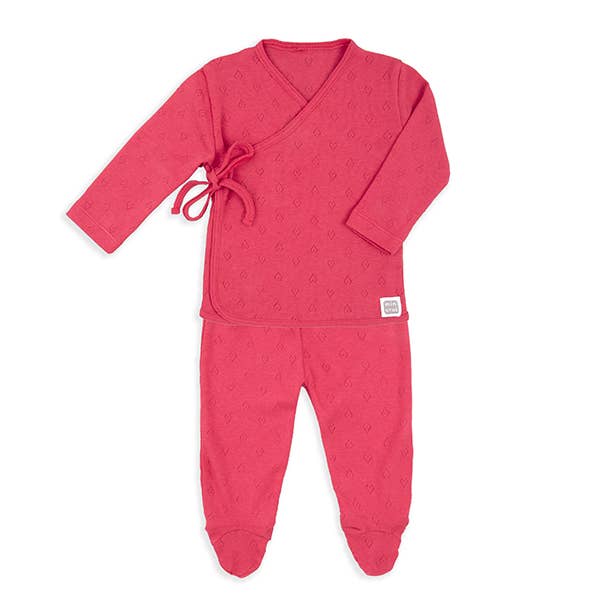 Fuchsia Hearts lace set with crossover jacket and footed pants for wholesale on Faire2