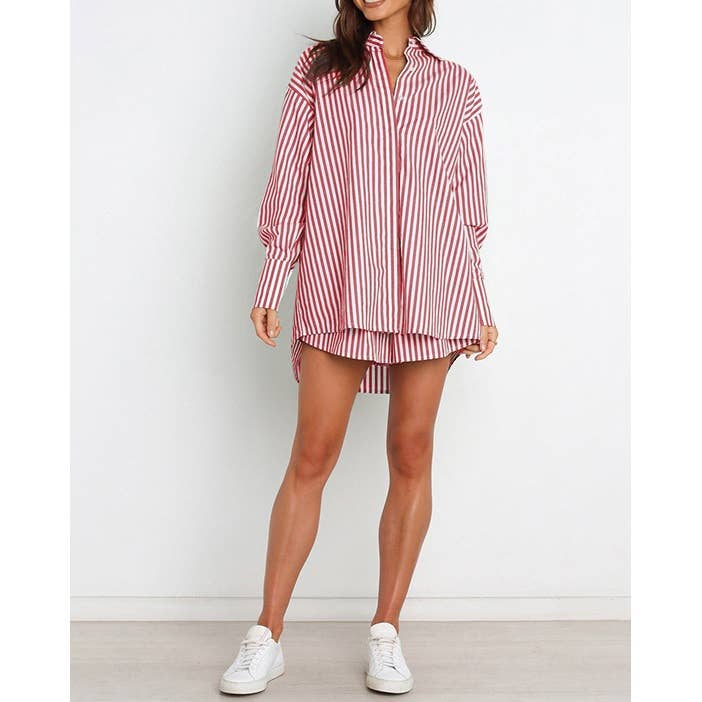 Mapcie - Wholesale Top & Pant Set (NOT Loungewear) - Women's - Striped Oversized Shirt and Drawstring Shorts Set8