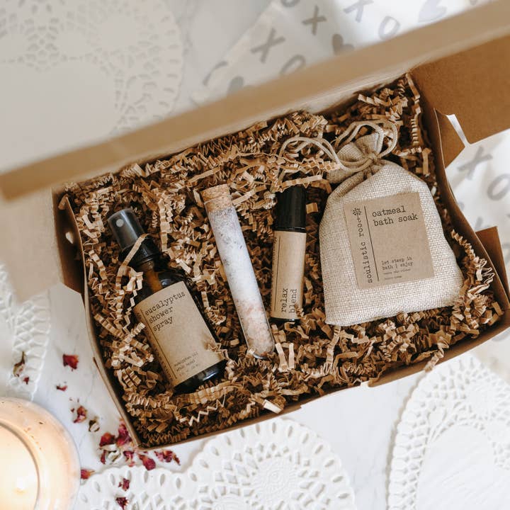 Soulistic Root - Essential Oils & Self Care Gifts - Wholesale Bath & Body Set - Relaxing Gift Set | Shower Spray + Relax + Oatmeal + Tube4