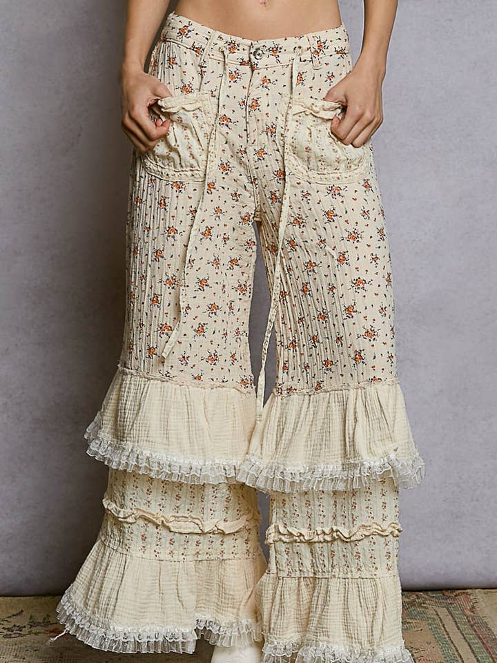 Double Gauze Floral Front Patch Pockets Ruffle Wide Pants for wholesale by Pol Clothing