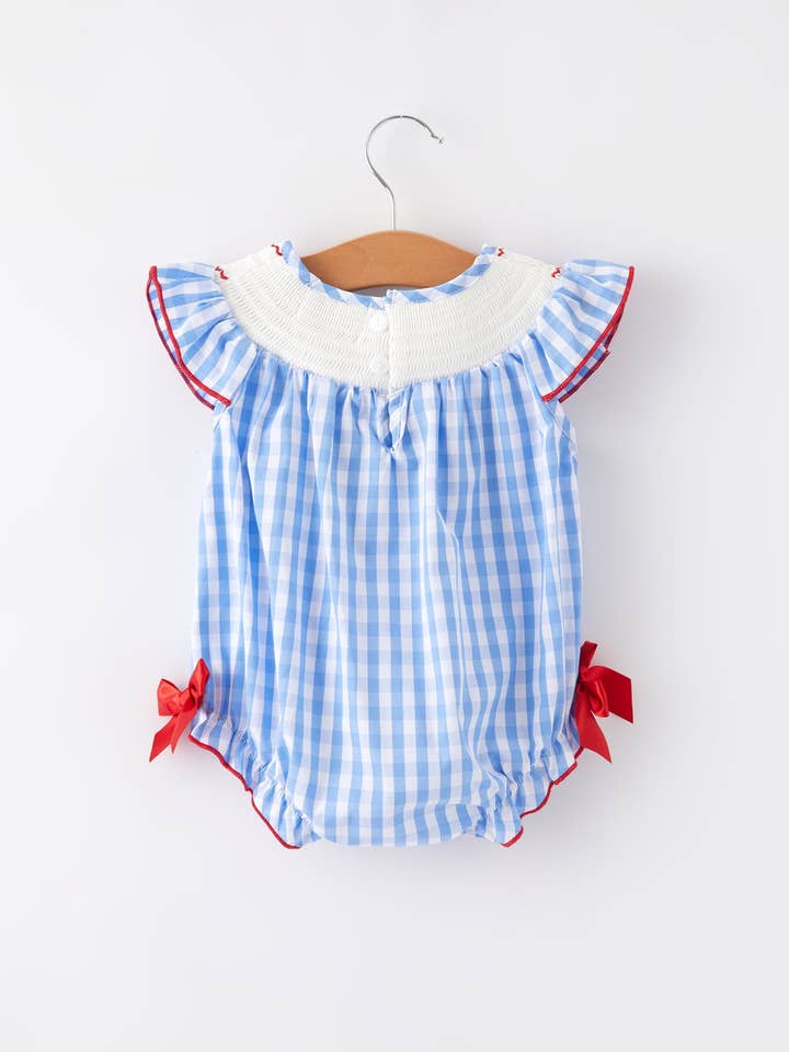 Rylee Faith Designs - Wholesale Bodysuit (Non-Footed) - Baby - 4th of july Flag Embroidery Smocking Girls Romper