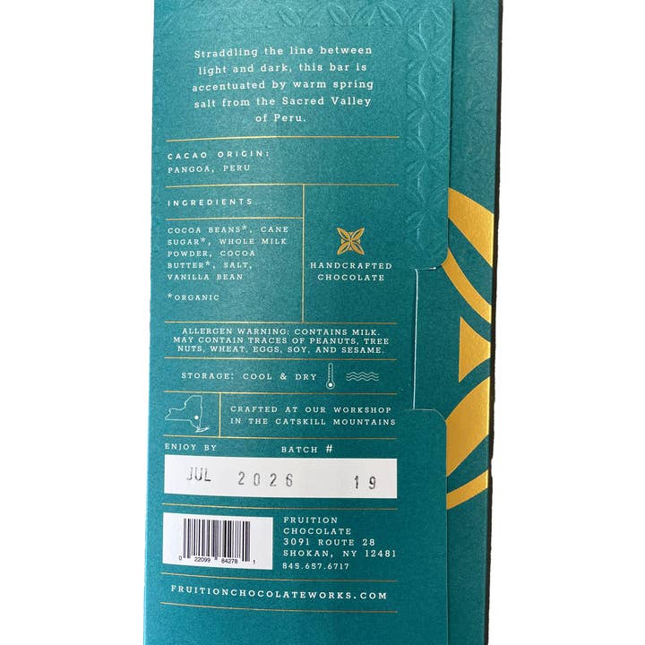 Fruition Chocolate Works - Vente Barre chocolatée - Chocolat au lait noir salé au sel de source printanier 56 %3