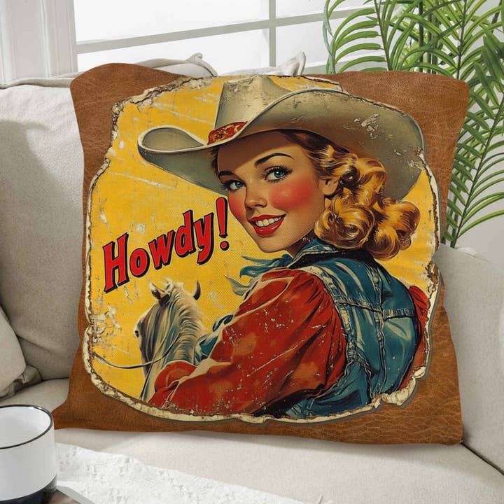 Vintage Cowgirl Howdy Throw Pillow 18 x 18 Made in America for wholesale by BAHA RANCH WESTERN WEAR