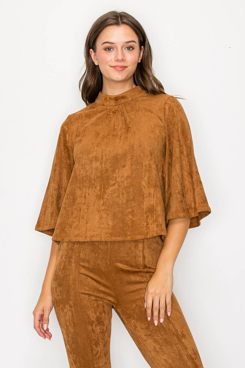 LoveWednesday - Wholesale Blouse - Women's - Bell sleeve camel suede top  - LWT1802 16