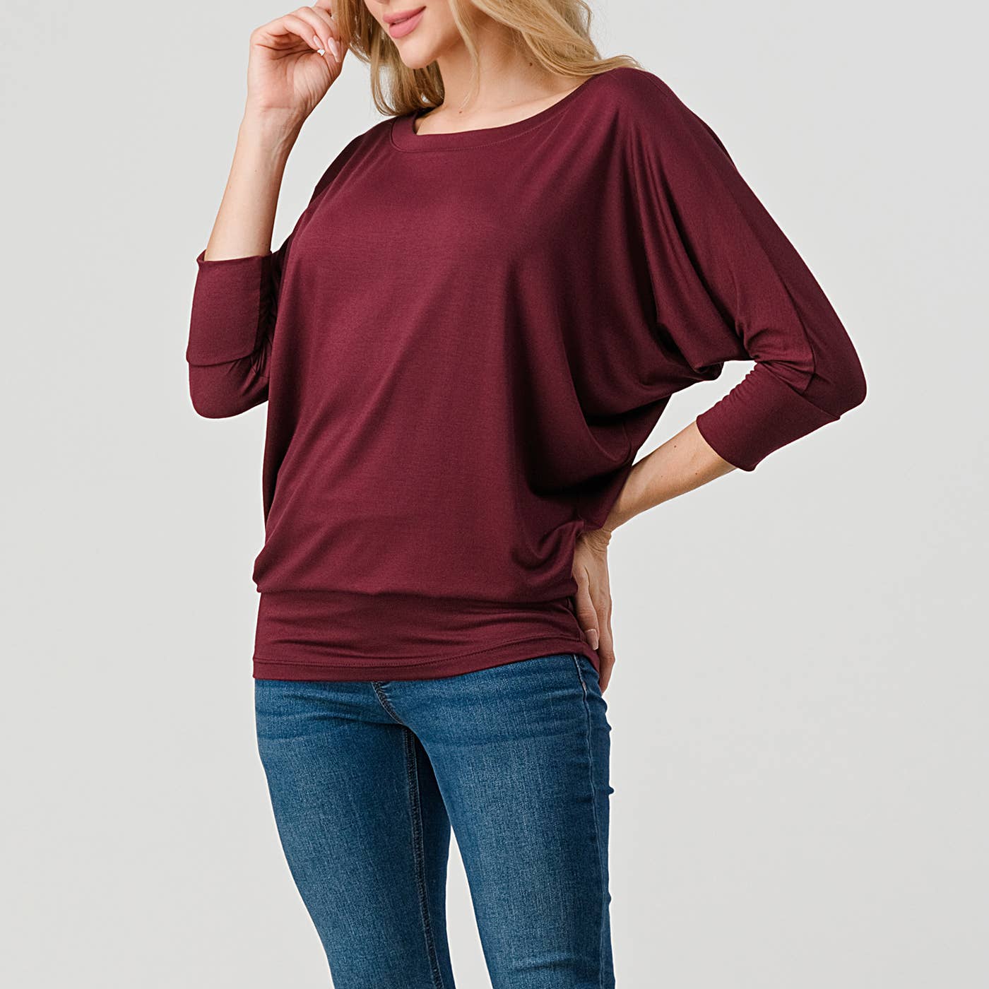 Heimious - Wholesale Knit Top - Women's - 3/4 Dolman Sleeve Round neck Modal Jersey  Top, 250328